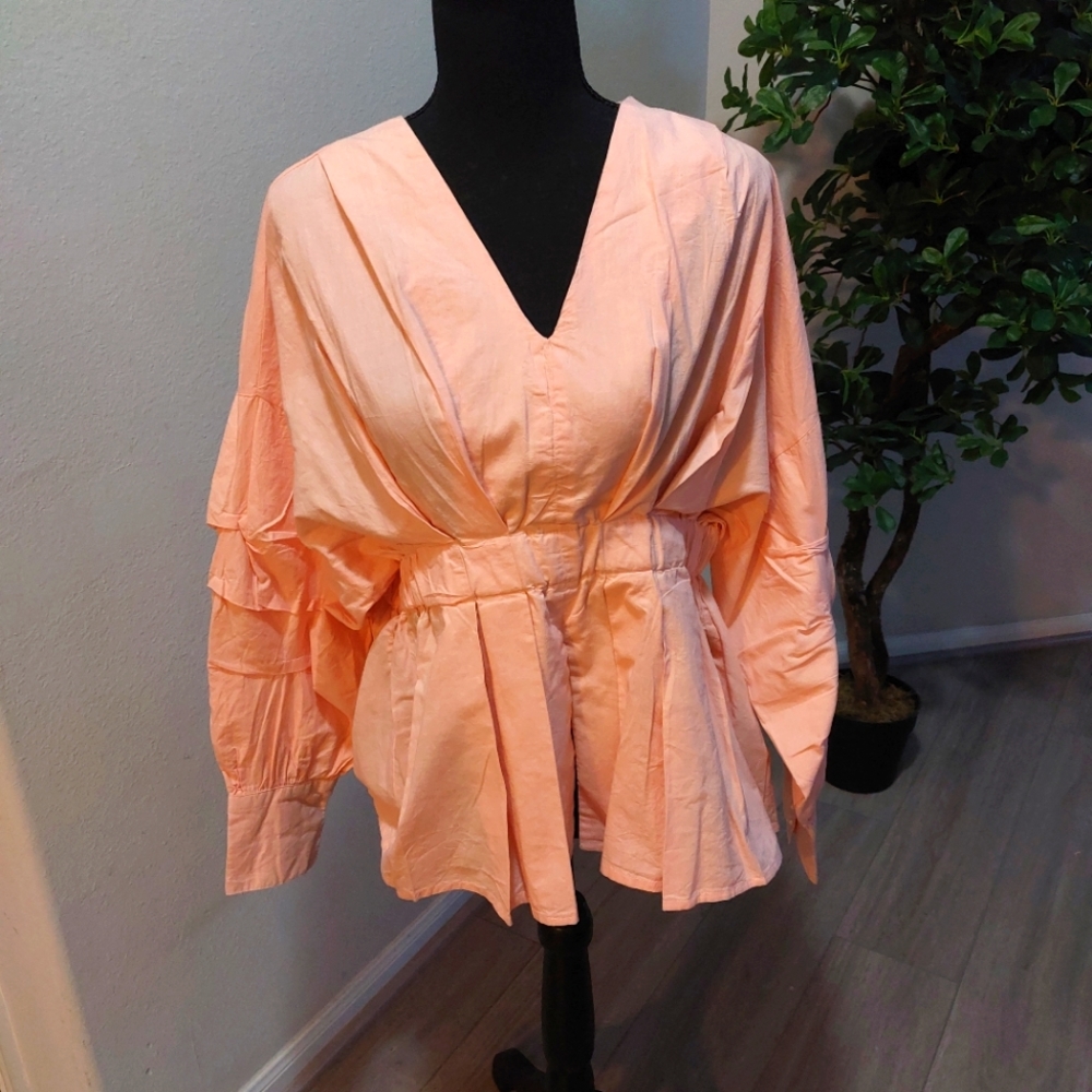 Ladies Peach V-neck Balloon Sleeve Blouse Size XL